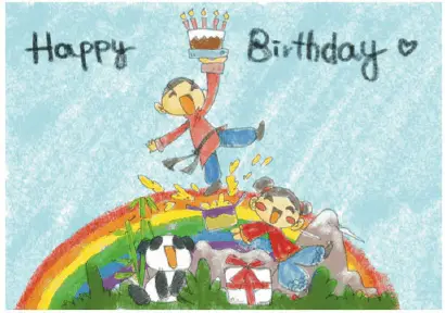 Birthday Card with Boy and Girl on a Rainbow Greeting Card