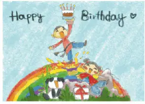 Birthday Card with Boy and Girl on a Rainbow (small) Greeting Card
