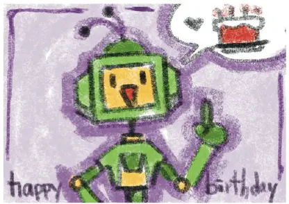 Birthday Card with Robot and Cake Greeting Card